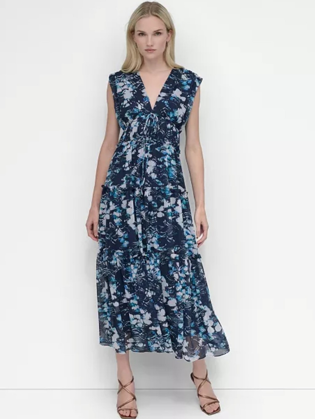 Dkny Women's Maxi Dress Size 6 Blue Abstract Print Sleeveless V-Neck Tiered Boho